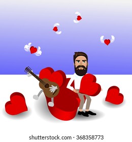 Bright color vector graphic illustration of Valentine day love holiday with symbol of beautiful heart shape and guitar on light background