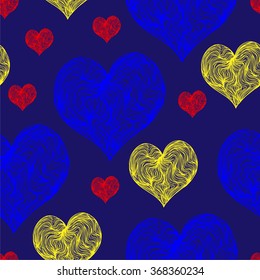 Bright color vector graphic illustration of Valentine day love holiday with symbol of beautiful heart shape on blue seamless background