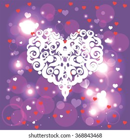 Bright color vector graphic illustration of Valentine day love holiday with symbol of beautiful heart shape on violet background