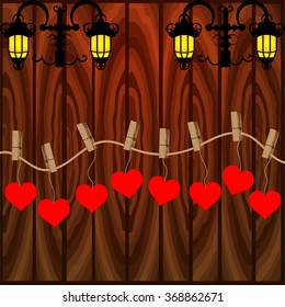 Bright color vector graphic illustration of Valentine day love holiday with symbol of beautiful heart shape on brown background