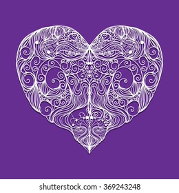 Bright color vector graphic illustration of Valentine day love holiday with symbol of beautiful heart shape on violet background