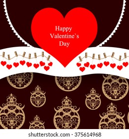 Bright color vector graphic illustration of Valentine day holiday with love symbol of beautiful heart shape and chandelier on brown background