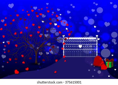 Bright color vector graphic illustration of Valentine day holiday with love symbol of beautiful heart shape tree gift box and gate on blue background