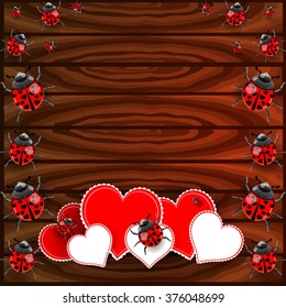Bright color vector graphic illustration of Valentine day holiday with love symbol of ladybird and beautiful heart shape on wooden frame background