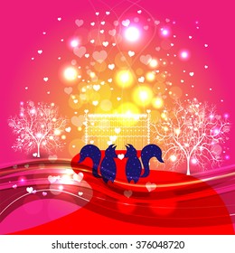 Bright color vector graphic illustration of Valentine day holiday with love symbol of two blue foxes and beautiful heart shape on pink yellow red background with sparks