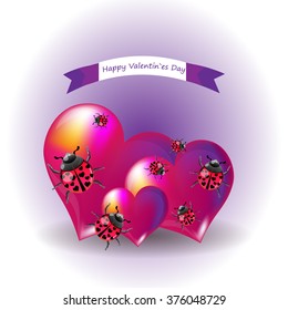 Bright color vector graphic illustration of Valentine day holiday with love symbol of ladybird and beautiful heart shape on white background