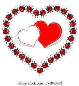 Bright color vector graphic illustration of Valentine day holiday with love symbol of ladybird and beautiful heart shape on white background