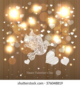 Bright color vector graphic illustration of Valentine day holiday with love symbol of white flying pigeon bird and beautiful heart shape on golden background with sparks