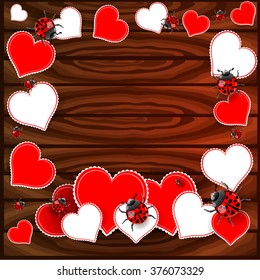 Bright color vector graphic illustration of Valentine day holiday with love symbol of ladybird and beautiful heart shape on wooden frame background