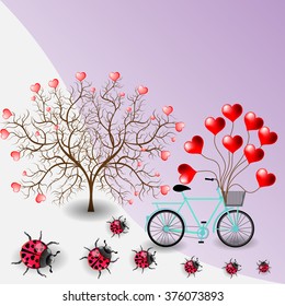 Bright color vector graphic illustration of Valentine day holiday with love symbol of ladybird and beautiful heart shape tree bicycle and ballons on lilac background