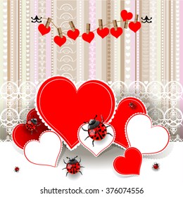 Bright color vector graphic illustration of Valentine day holiday with love symbol of ladybird and beautiful heart shape on light pastel background