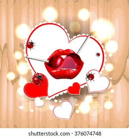 Bright color vector graphic illustration of Valentine day holiday with love symbol of ladybird and beautiful heart shape with lips and lollipop on light background