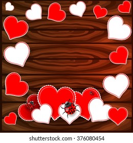 Bright color vector graphic illustration of Valentine day holiday with love symbol of ladybird and beautiful heart shape on wooden frame background