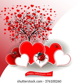 Bright color vector graphic illustration of Valentine day holiday with love symbol of ladybird tree and beautiful heart shape on red white background