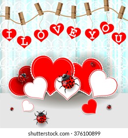 Bright color vector graphic illustration of Valentine day holiday with love symbol of ladybird and beautiful heart shape on light pastel background