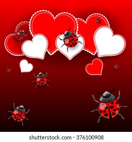 Bright color vector graphic illustration of Valentine day holiday with love symbol of ladybird and beautiful heart shape on black and red background