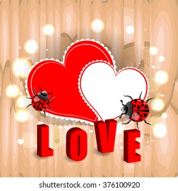 Bright color vector graphic illustration of Valentine day holiday with love symbol of ladybird and beautiful heart shape with text on light background