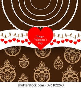 Bright color vector graphic illustration of Valentine day holiday with love symbol of beautiful heart shape and chandelier on brown background