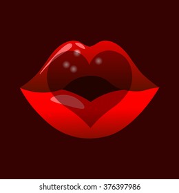 Bright color vector graphic illustration of Valentine day holiday with love symbol of beautiful red heart shape and female lips on brown background