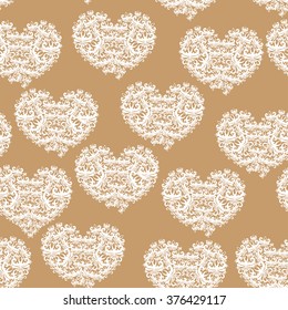 Bright color vector graphic illustration of Valentine day holiday with love symbol of beautiful white heart shape on light brown seamless background