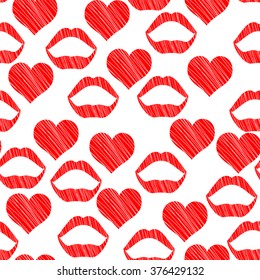 Bright color vector graphic illustration of Valentine day holiday with love symbol of beautiful red heart shape and female lips on white seamless background