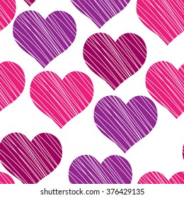 Bright color vector graphic illustration of Valentine day holiday with love symbol of beautiful violet purple pink and lilac heart shape on white seamless background