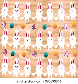 Bright color vector graphic illustration of happy easter sunday day with traditional spring holiday symbol of painted colorful eggs and cute rabbit on wooden background