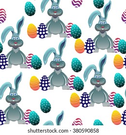 Bright color vector graphic illustration of happy easter sunday day with traditional spring holiday symbol of painted colorful eggs and cute rabbit on white seamless background