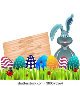 Bright color vector graphic illustration of happy easter sunday day with traditional spring holiday symbol of painted colorful eggs and cute rabbit on light background
