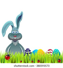 Bright color vector graphic illustration of happy easter sunday day with traditional spring holiday symbol of painted colorful eggs and cute rabbit in green grass on white background