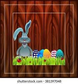 Bright color vector graphic illustration of happy easter sunday day with traditional spring holiday symbol of painted colorful eggs and cute rabbit in green grass on wooden background