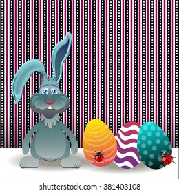 Bright color vector graphic illustration of happy easter sunday day with traditional spring holiday symbol of painted colorful eggs and cute rabbit on striped background