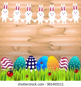 Bright color vector graphic illustration of happy easter sunday day with traditional spring holiday symbol of painted colorful eggs and cute rabbit on wooden background