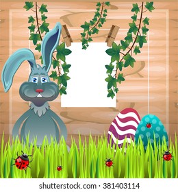 Bright color vector graphic illustration of happy easter sunday day with traditional spring holiday symbol of painted colorful eggs and cute rabbit in green grass on wooden background
