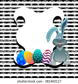 Bright color vector graphic illustration of happy easter sunday day with traditional spring holiday symbol of painted colorful eggs and cute rabbit on striped background