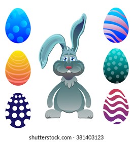 Bright color vector graphic illustration set of happy easter sunday day with traditional spring holiday symbol of painted colorful eggs and cute rabbit in green grass on white background