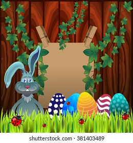 Bright color vector graphic illustration of happy easter sunday day with traditional spring holiday symbol of painted colorful eggs and cute rabbit in green grass on wooden background
