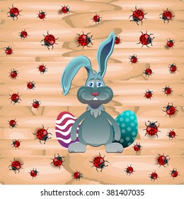 Bright color vector graphic illustration of happy easter sunday day with traditional spring holiday symbol of painted colorful eggs and cute rabbit on wooden background