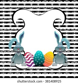 Bright color vector graphic illustration of happy easter sunday day with traditional spring holiday symbol of painted colorful eggs and cute rabbit on striped background