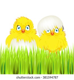 Bright color vector graphic illustration of happy easter sunday day with traditional spring holiday symbol of cute yellow chicken in shell on white background
