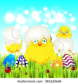 Bright color vector graphic illustration of happy easter sunday day with traditional spring holiday symbol of painted colorful eggs and cute yellow chicken in shell on light background