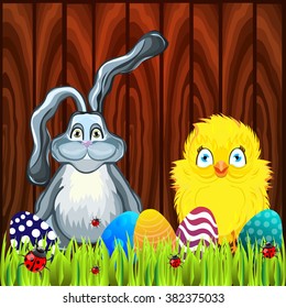 Bright color vector graphic illustration of happy easter sunday day with traditional spring holiday symbol of painted colorful eggs rabbit and cute yellow chicken on wooden background