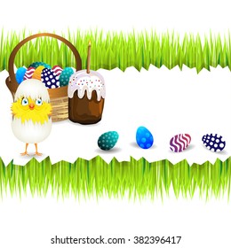Bright color vector graphic illustration of happy easter sunday day with traditional spring holiday symbol of painted colorful eggs and cute yellow chicken in shell on white background