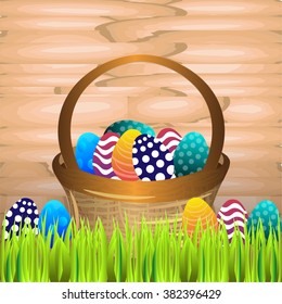 Bright color vector graphic illustration of happy easter sunday day with traditional spring holiday symbol of painted colorful eggs on wooden background