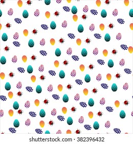 Bright color vector graphic illustration of happy easter sunday day with traditional spring holiday symbol of painted colorful eggs and ladybird on white seamless background