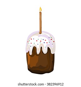 Bright color vector graphic illustration of happy easter sunday day with traditional spring holiday symbol of sweet baked cake with sprinkles icing and candle on white background