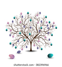 Bright color vector graphic illustration of happy easter sunday day with traditional spring holiday symbol of painted colorful eggs and tree on white background