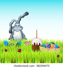 Bright color vector graphic illustration of happy easter sunday day with traditional spring holiday symbol of painted colorful eggs and cute rabbit on light background