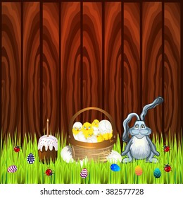Bright color vector graphic illustration of happy easter sunday with traditional spring holiday symbol of painted colorful eggs rabbit and cute yellow chicken on wooden background