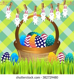 Bright color vector graphic illustration of painted colorful eggs and cute rabbit on checkered background